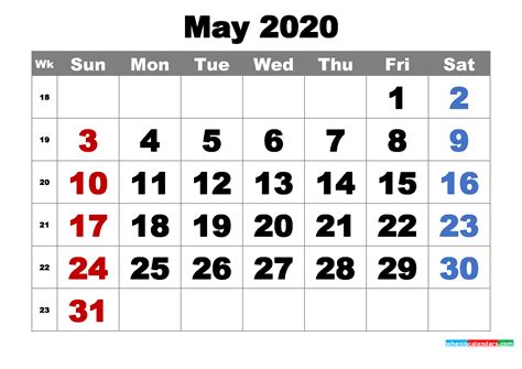 Calender For May 2020